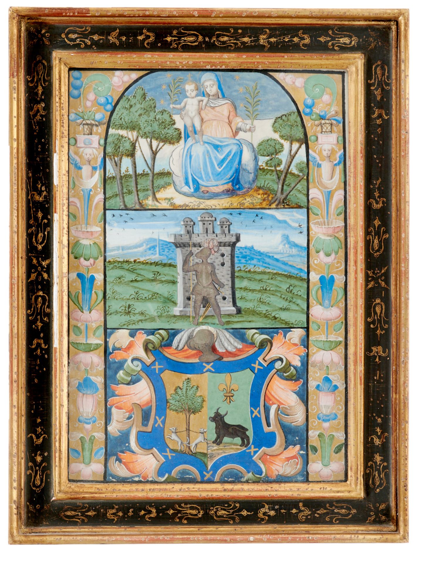 Pergamentblätter Miniaturen - Ritterliches Wappenbild mit thronender Madonna. Goldgehöhte Miniatur - Image 2 of 2