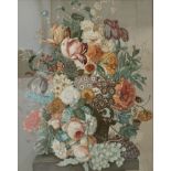 Flora Blumen - Blumenbouquet mit Trauben und Schmetterlingen. Farblithographie nach J. Nigg, um