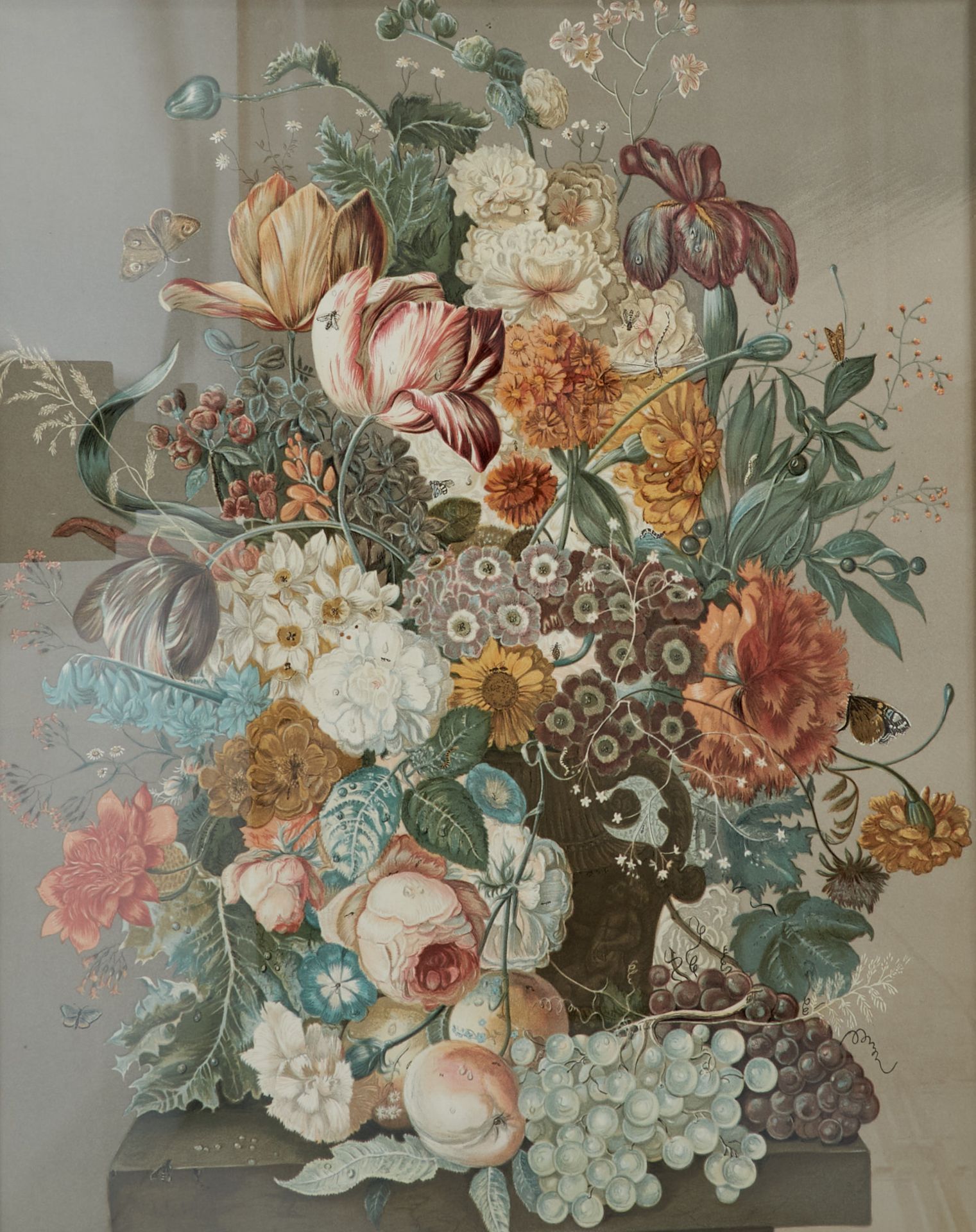 Flora Blumen - Blumenbouquet mit Trauben und Schmetterlingen. Farblithographie nach J. Nigg, um