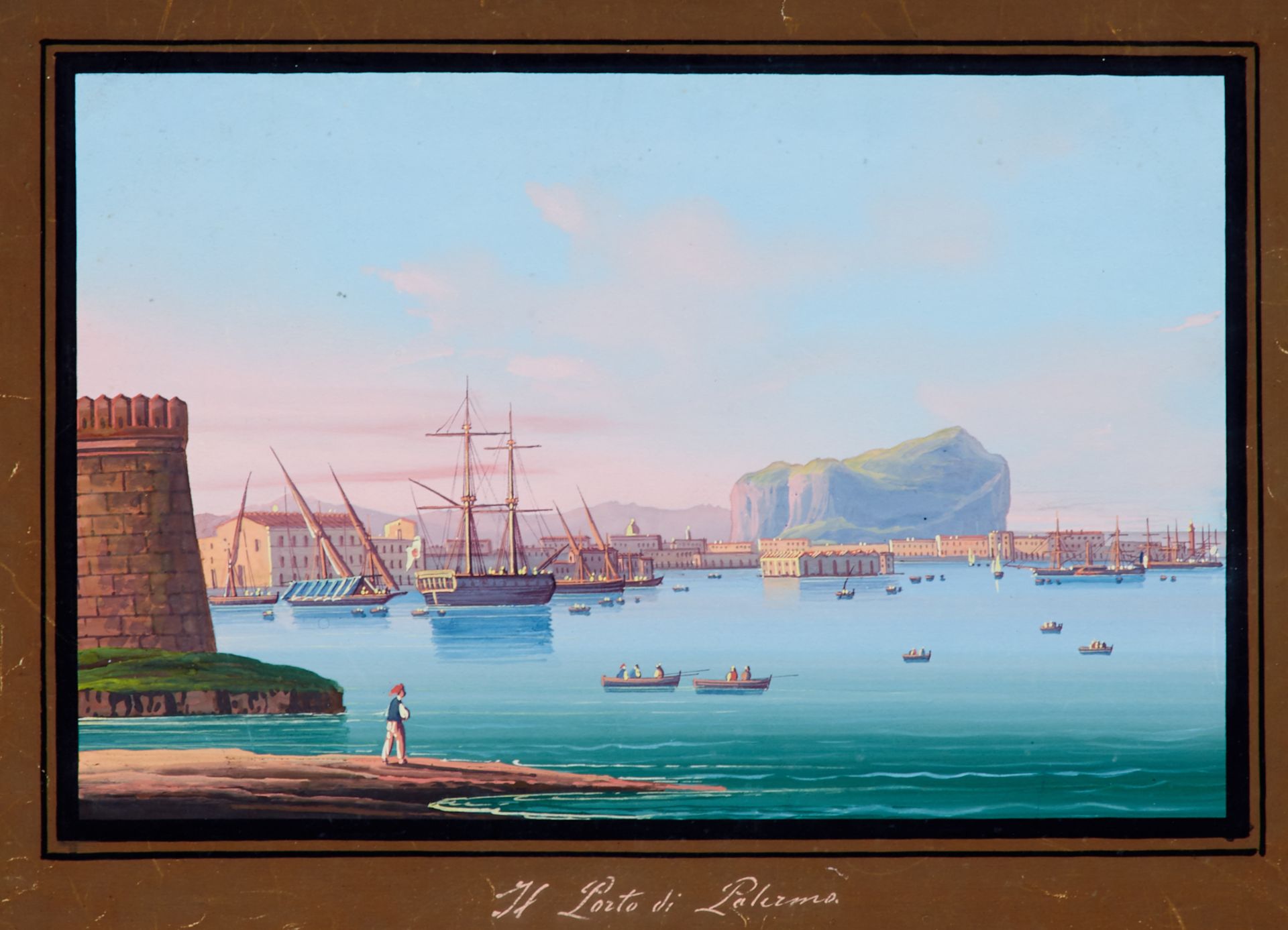 Italien Palermo - "Il Porto di Palermo". Gouache. Bezeichnet, nicht sign. und dat. (um 1855). 18 x