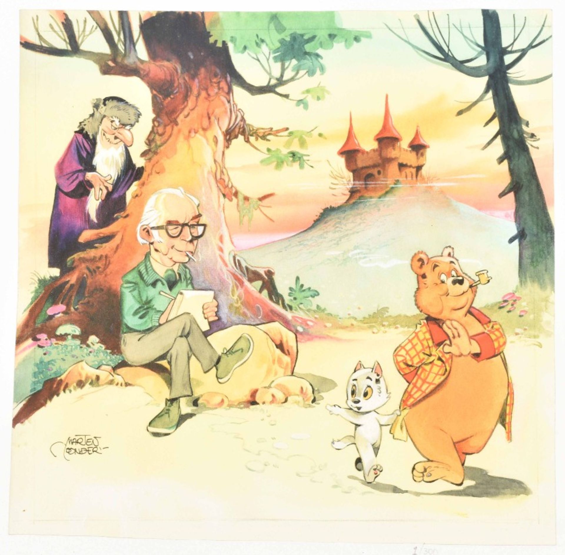 Marten Toonder. Self-portrait with Sir Oliver, Tom Puss and Hokus Pas