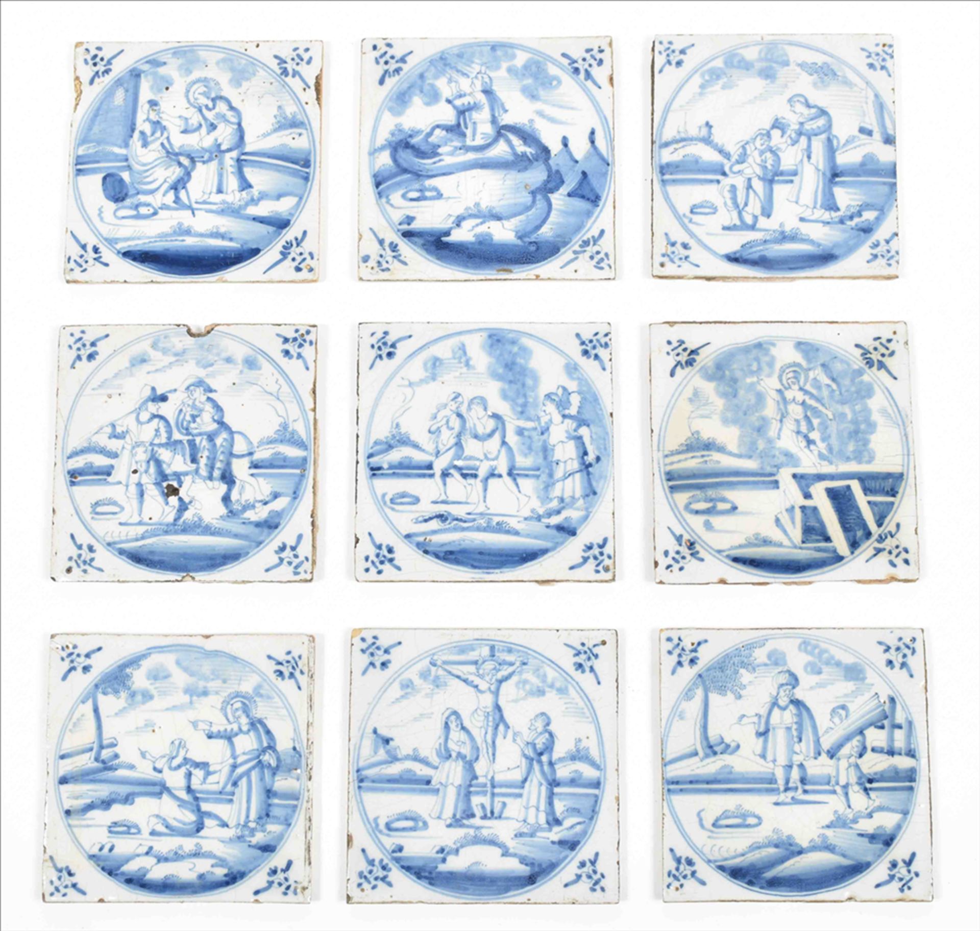 Nine Dutch tiles with biblical scenes