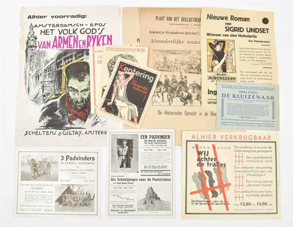 Eleven posters/ prospectuses of Dutch editions: (1) "Alhier verkrijgbaar. Georg Fuchs