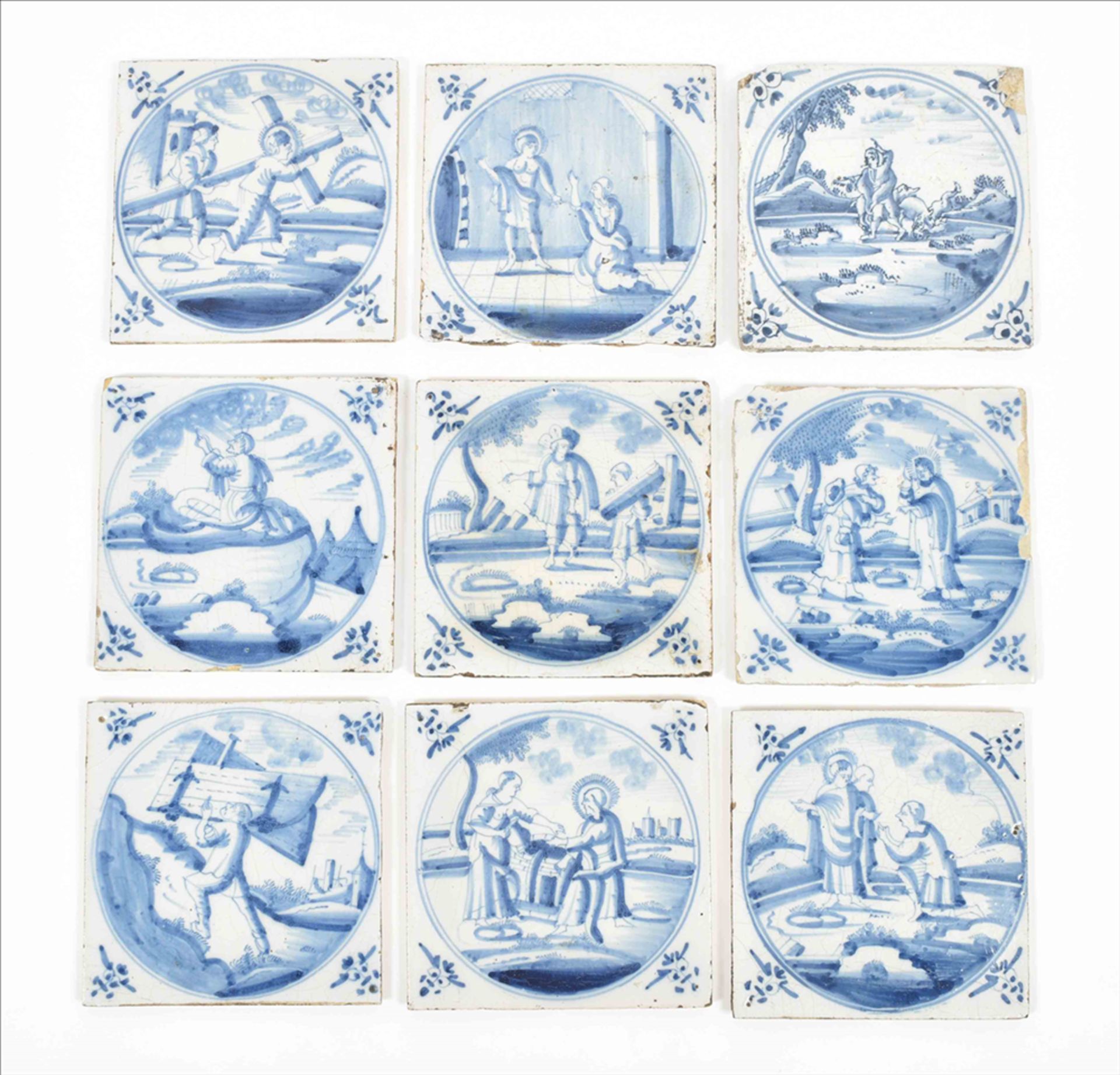 Nine Dutch tiles with biblical scenes