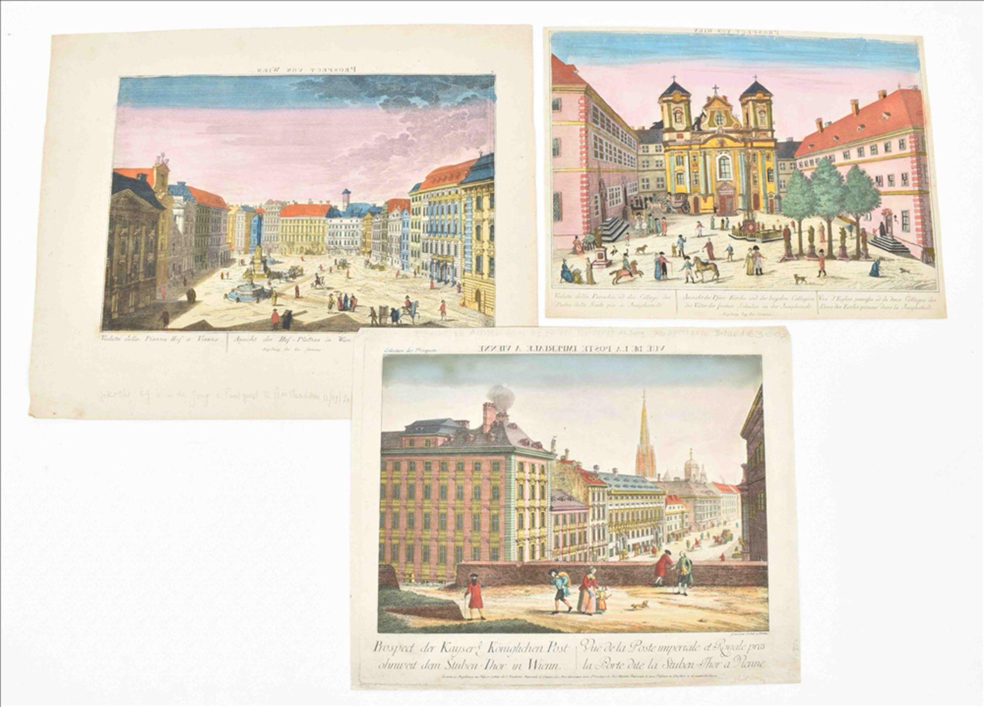 Three optical views: (1) Vue de la Poste imperiale à Vienne