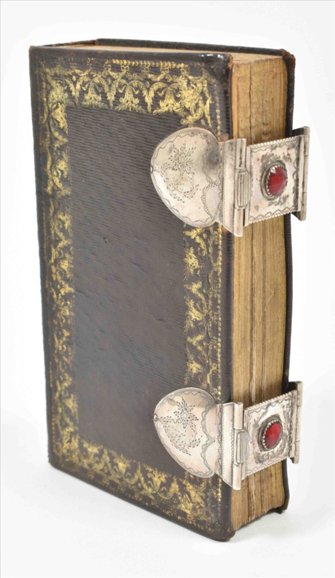 [Bindings] Early 19th century brown leather binding with two silver clasps and catches