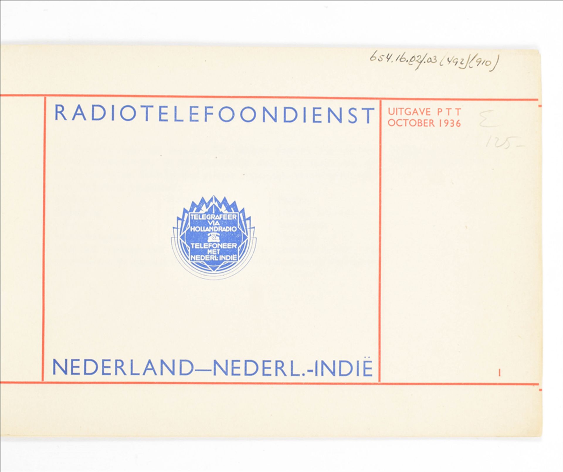 Nicolaas P. de Koo. (1) Radio-Telefoon-Dienst Nederland-Nederl.-Indië PTT 1936