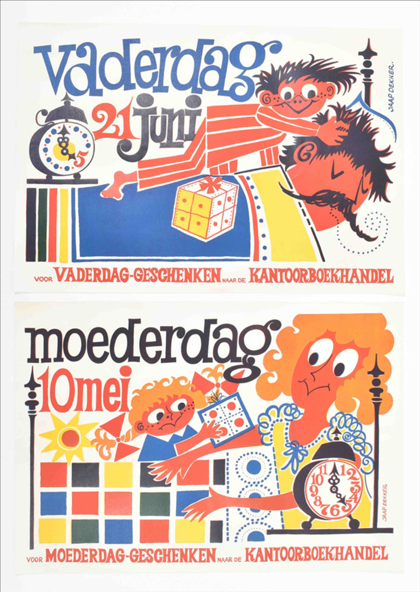 Two posters by Jaap Dekker: (1) "Moederdag 10 mei.