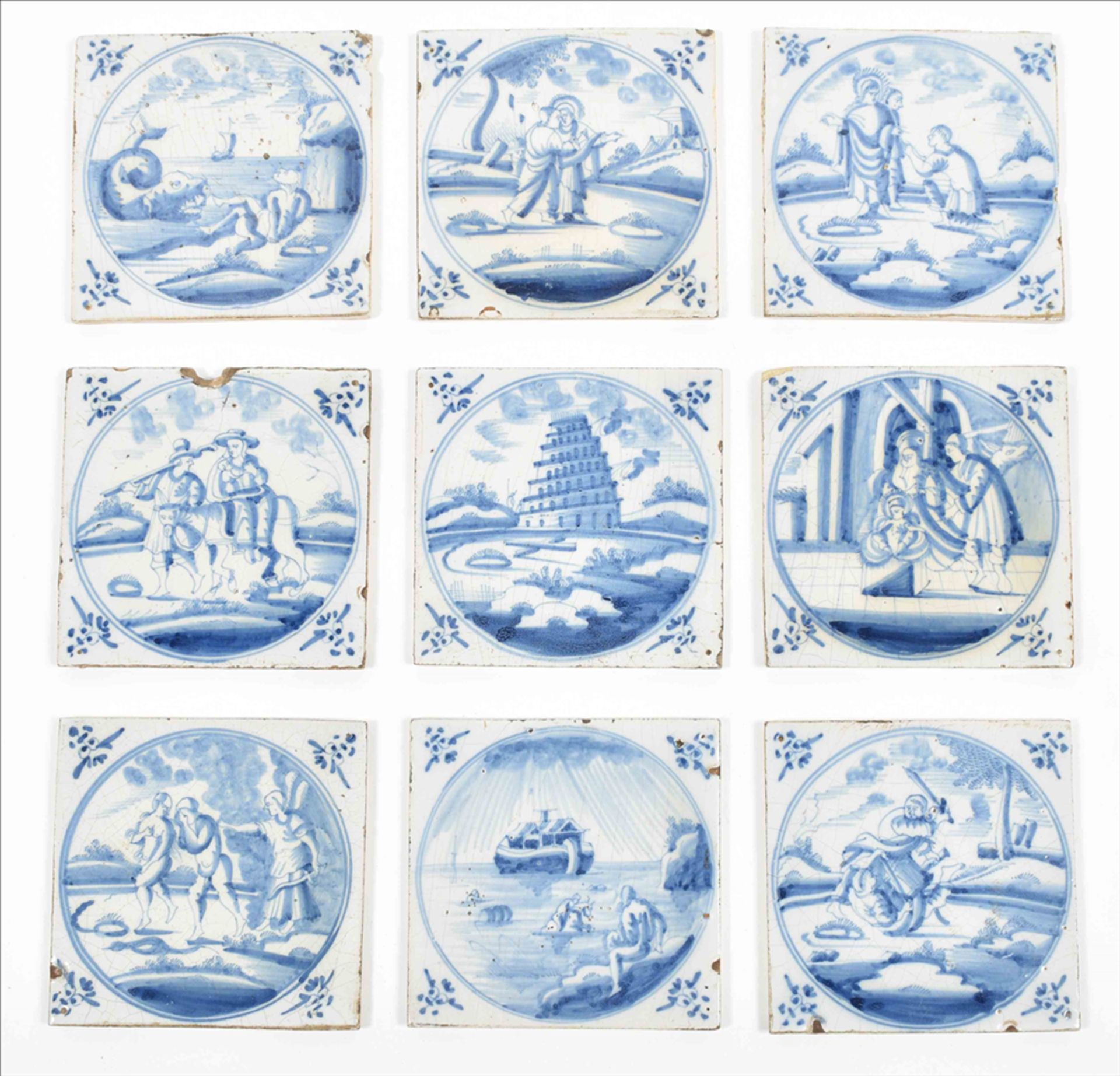 Nine Dutch tiles with biblical scenes