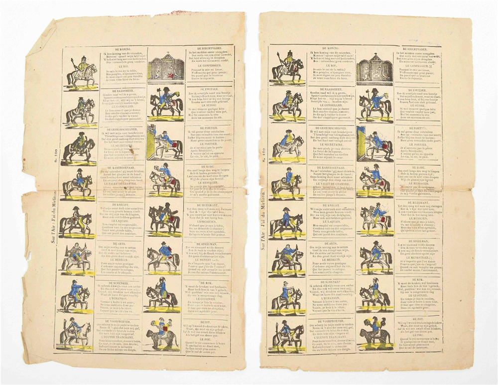 Twelve 19th century catchpenny prints: (1) "De Handel, schoon in 't klein gedreven,
