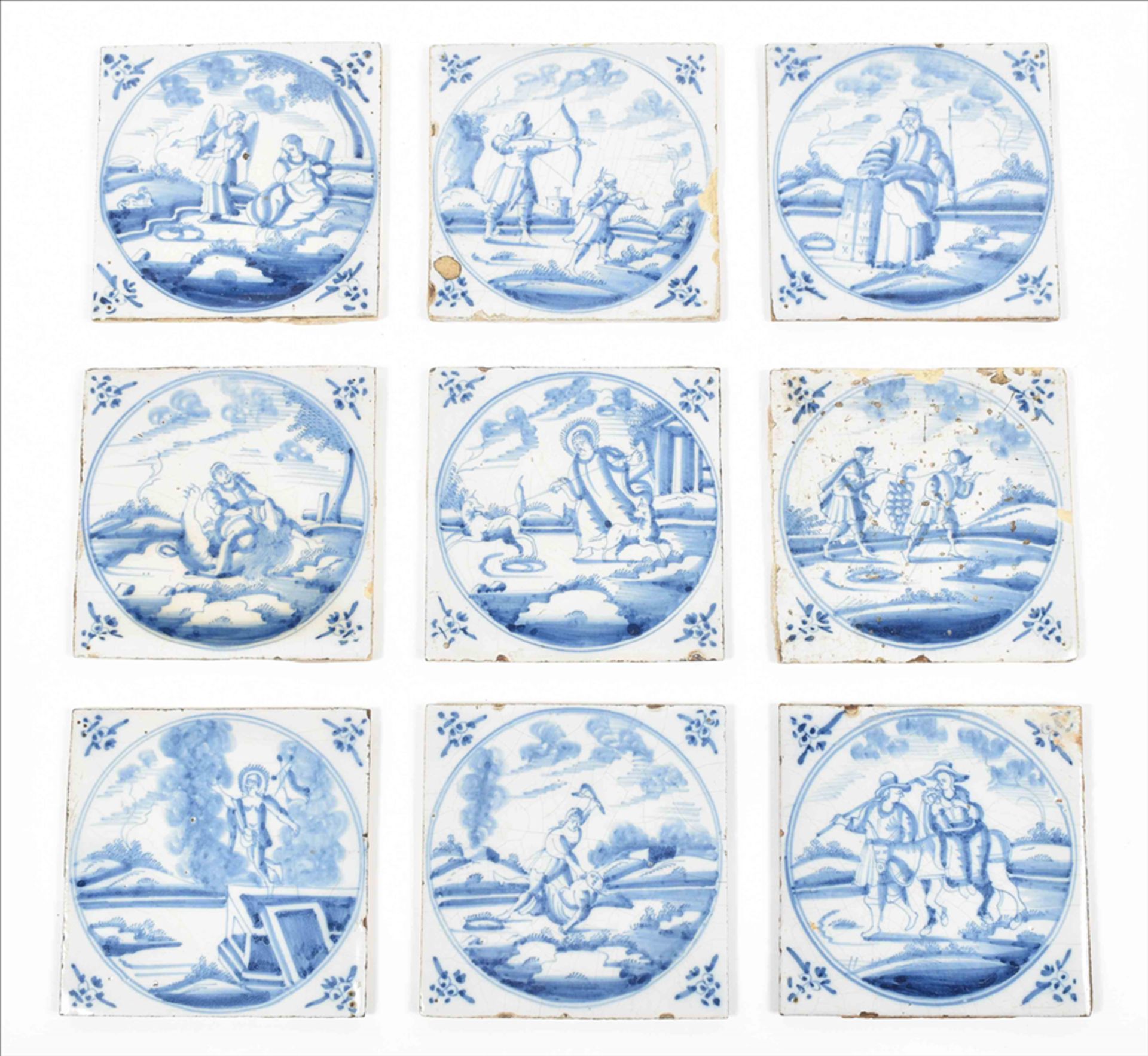 Nine Dutch tiles with biblical scenes