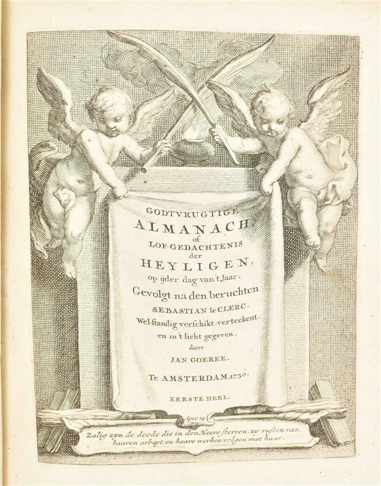 [Emblemata] Goeree, J. Godtvrugtige Almanach of Lof-Gedachtenis der Heyligen, op ijder dag van 't Ja - Image 5 of 9