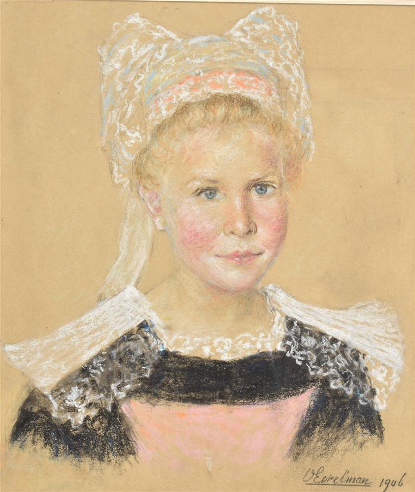 Eerelman, O. (1839-1926). Portrait of a girl in regional costume - Image 2 of 3