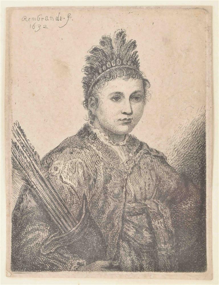 Rijn, R. van (after). Portrait of a woman with headdress and carrying arrows - Image 2 of 4