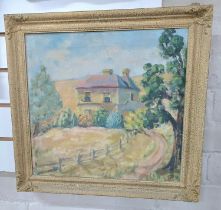 Indistinctly signed mid 20thC British modern school oil on canvas, house in summer fields in