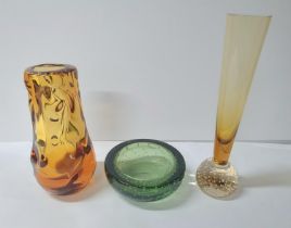 Three items of Whitefriars to include amber knobbly (no 9844) heavy vase, green bowl (no 9099) and a