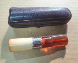 Cased amber cheroot holder with silver banding, Birmingham 1900