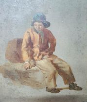 Unsigned mid 19thC oil on artists board sketch depicting a young boy seated on a large stone,