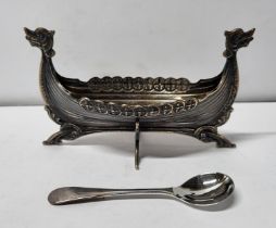 Norwegian silver table-top Viking lon-boat together with a hallmarked Birmingham silver spoon (2),