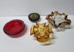 Two heavy glass coloured bowls, probably Whitefriers together with 2 heavy coloured Murano ornate