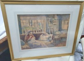 Frederick James McNamara EVANS (1859-c.1929) watercolour "Old lady sewing", signed, framed