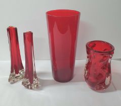 Four items of red Whitefriars to include red knobbly (no 9908) heavy squat vase, tall plain vase and