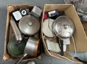 2 Boxes of pans and speakers including Le Creuset