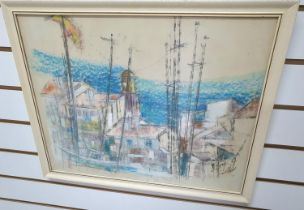 Indistinctly signed 1960s French cubist school chalks "Roof-tops view over St Tropez, France",