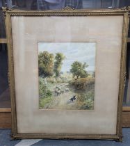 F P Wright, Edwardian watercolour "Flock of sheep and sheep dog on country road" in original mount