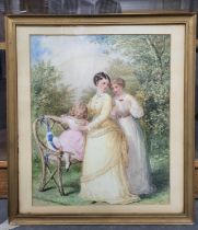 Henry E. HOBSON (act.1857-1870) watercolour "Two ladies and young girl in summer garden", signed,