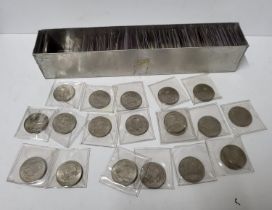 Large quantity of QEII Half crowns contained in a long metal tub (Qty) Most in VF or Uncirculated
