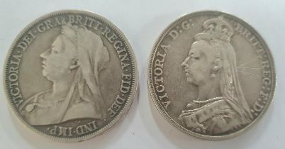 1892 Jubilee Head Victoria Crown Silver Coin together with a similar 1893 Veil head crown (2). 28.28