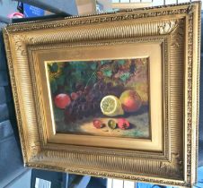 Indistinctly signed late 19thC oil on canvas still-life with fruit in fine quality original gilt