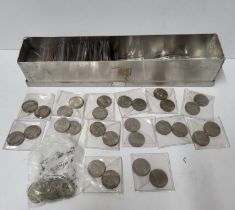 Large quantity of QEII one shilling coins in a long metal tub (Qty) Most in VF or uncirculated