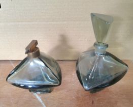 Pair of vintage 20thC Art Deco style, heavy smoked glass tri-angular perfume bottle etc (2)