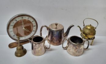 Collection of various metalware including a silver plated tea set & retro mantle clock (Qty)