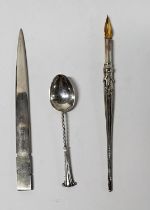 Three silver items to include a spoon, a dip pen and a letter opener (3)