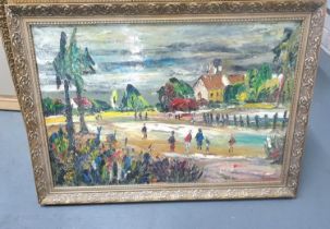 Large Peter P Philips 1981colourful impasto oil on board, landscape with figures in gilt frame,