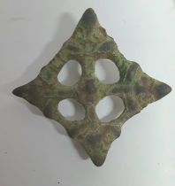 Small ornate 10thC Viking, pierced, square bronze brooch, Approx 20mm x 20cm