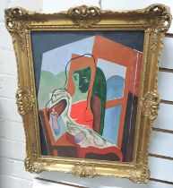 Unsigned, modern cubist school oil on canvas portrait of a young lady in the manner of Picasso, in