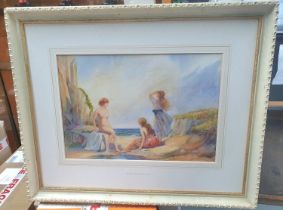 After Sir William Russell Flint, watercolour, Nymphs at a coastal rock pool, unsigned, ascribed to