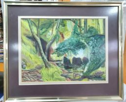 C Clarksen oil on board surrealist school "Woodland stream", signed, framed and glazed