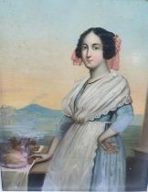 Unsigned Grand Tour 19thC oil on metal "Portrait of an Italian serving girl with Vesuvius in the far