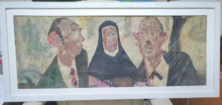 Large Auguste Jean GAUDIN (1914-1992) oil on canvas "Nun and drunks" in white mount and frame,