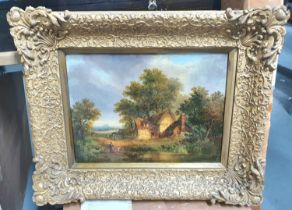 Early 20thC English country cottage scene, possibly initialed OS oil on canvas in superb original