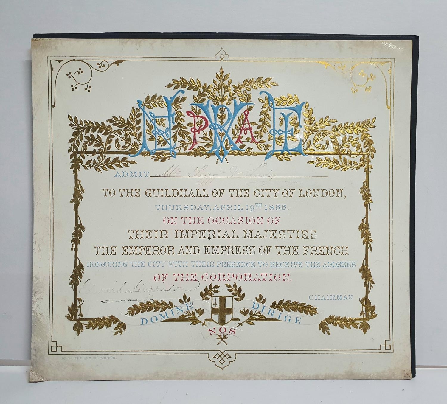 Embossed invitation card dated April 19th 1855 for the visit to the Guildhall of the city of