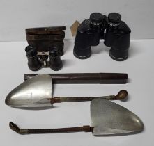 Two pairs of binoculars including an antique cased pair together with a pair of metal boot lasts etc