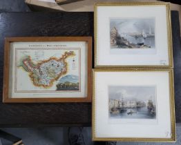Small, early 19thC hand-coloured map of Cheshire by Langley together with 2 framed portrait