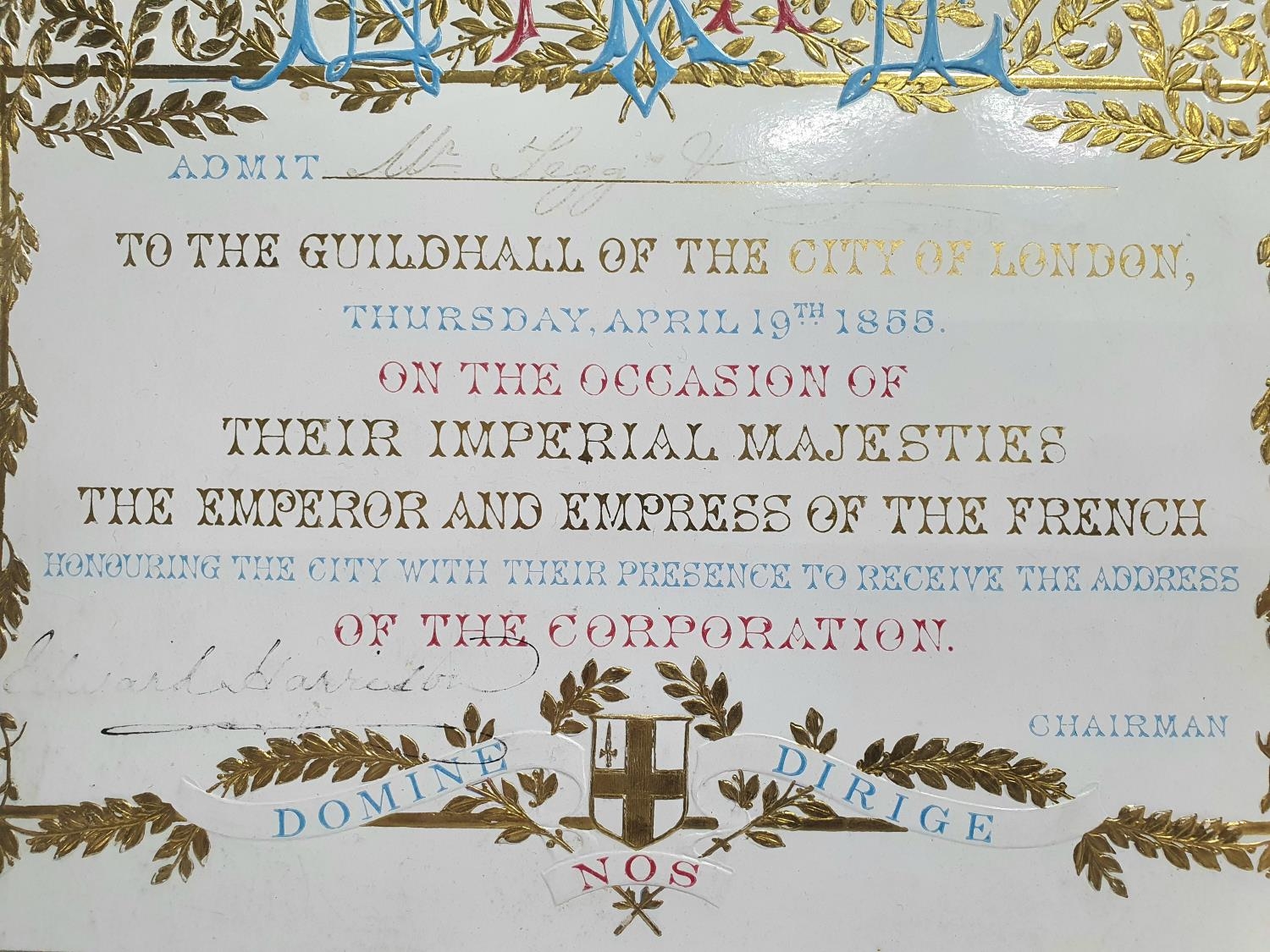 Embossed invitation card dated April 19th 1855 for the visit to the Guildhall of the city of - Image 2 of 2