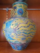 Fine quality, intricate Ming style ornate two-handled vase with character marks to base 30cm